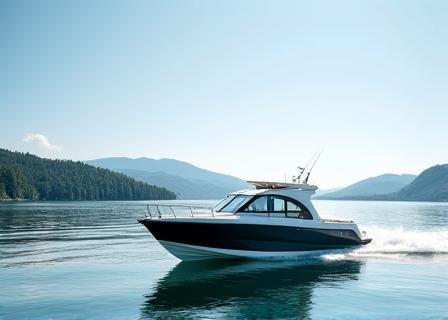 Ein modernes Angelboot auf dem ruhigen Zürichsee