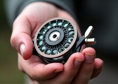 Nahaufnahme einer Hand, die eine Fliegenfischerrolle hält